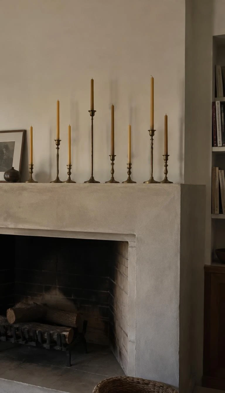 A candid, realistic iPhone photograph of a living room fireplace, with nine slender unlacquered brass taper holders of different heights scattered across a raw plaster mantle, beeswax tapers, soft ambient shadows.