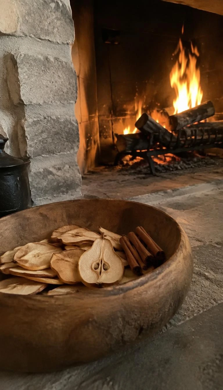 A candid, realistic iPhone photograph of a stone fireplace hearth, with dried translucent pear slices and cinnamon sticks resting in a wide low wooden bowl, natural fireside glow.