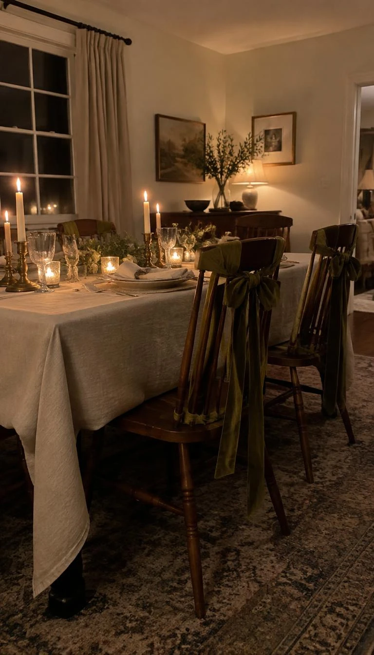 A candid, realistic iPhone photograph of a dining room, featuring wooden spindle chairs with wide olive velvet ribbon tied loosely around the back splats, low candlelight, a neutral linen tablecloth, simple evening light.