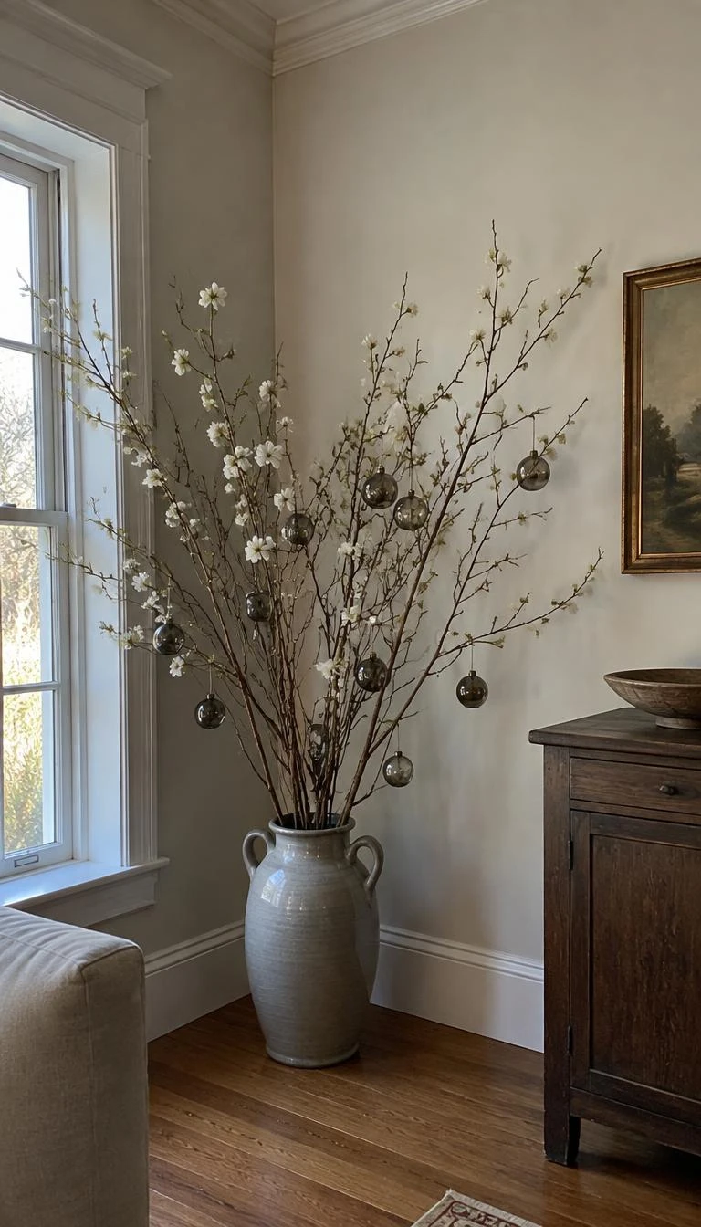A candid, realistic iPhone photograph of a living room corner, where tall dogwood branches sit in a grey ceramic crock, hung with small smoked charcoal glass baubles, soft daylight from a side window, hardwood floors, quiet shadows.