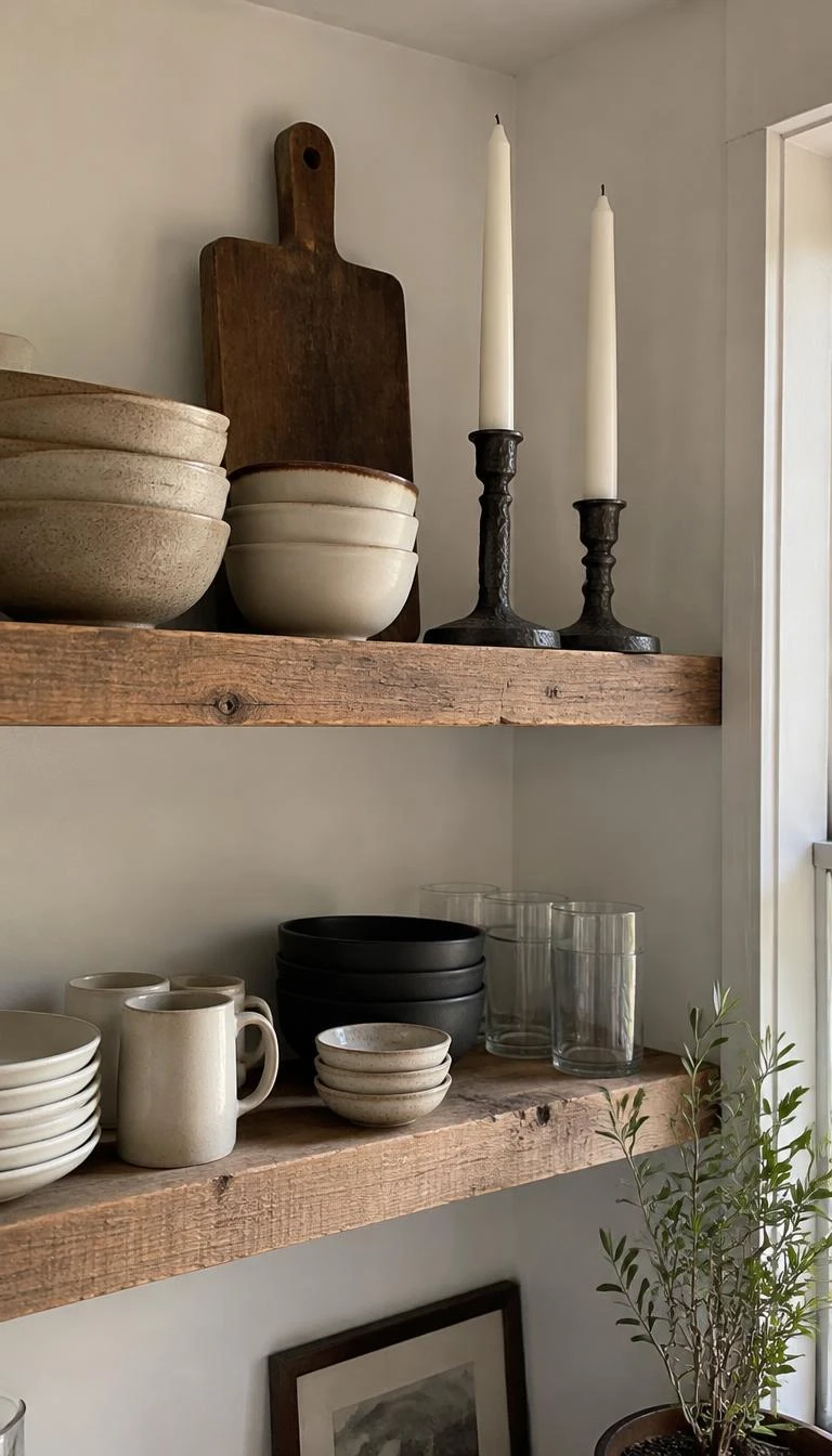 A candid, realistic iPhone photograph of kitchen open shelving, showing two rough black cast iron candle holders with white taper candles among ceramic bowls, daylight from a nearby window.