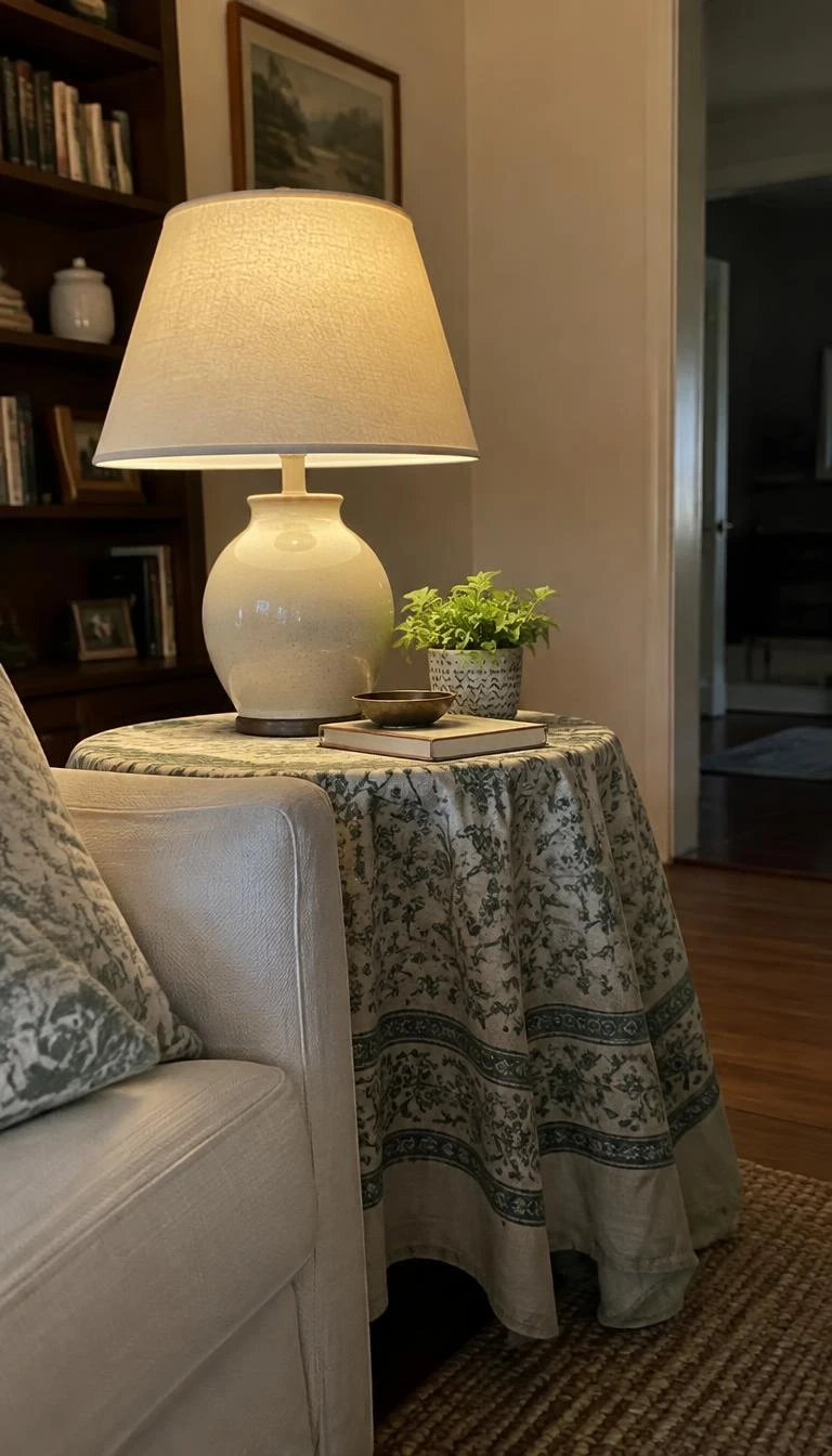 A candid, realistic iPhone photograph of a living room side table, draped with a block print cotton cloth in pale sage and pine green, a ceramic lamp resting on top, cozy evening light.