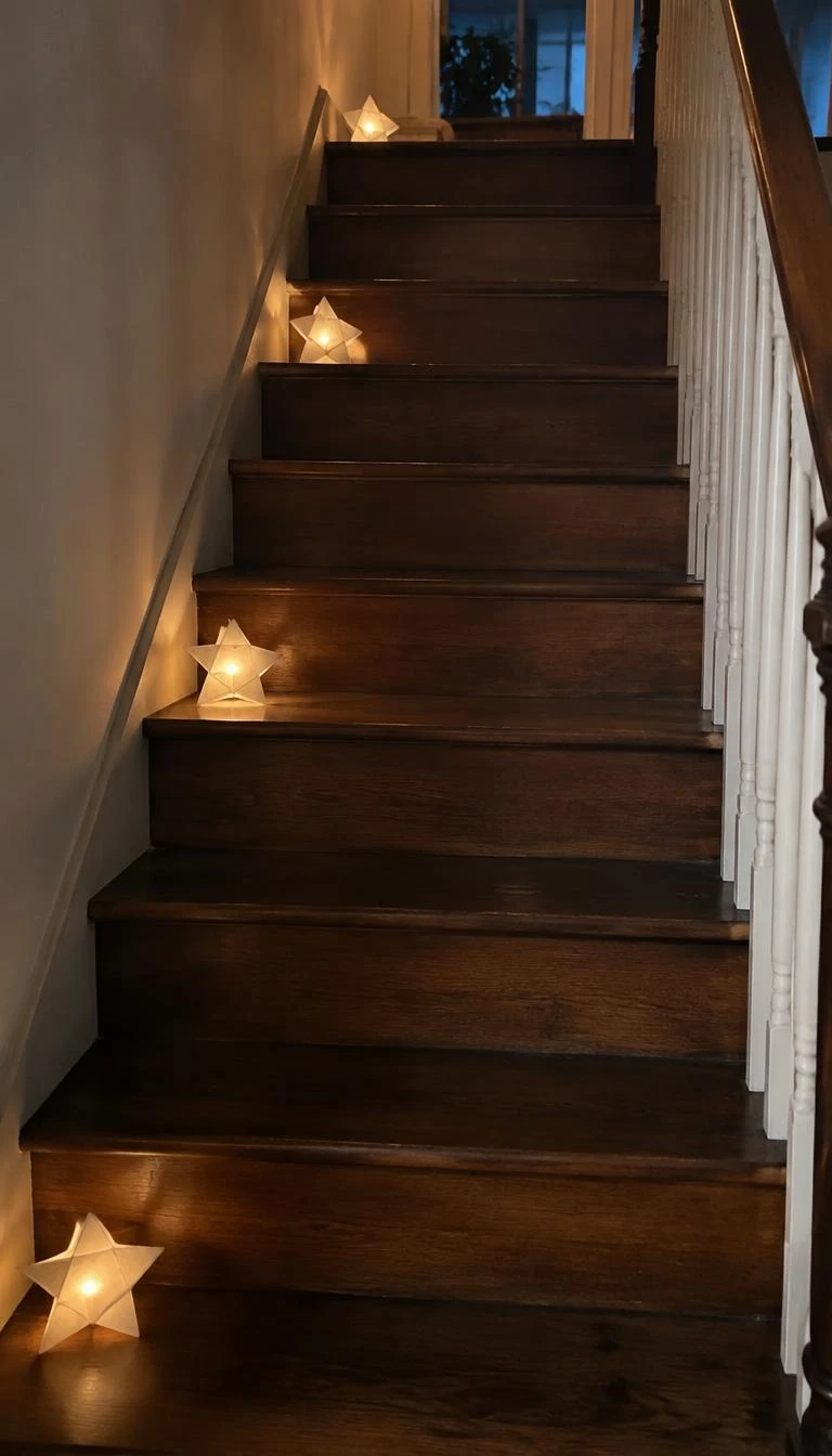 A candid, realistic iPhone photograph of an interior staircase, with small folded white paper stars set on every third step, warm fairy lights inside, dark wooden steps.