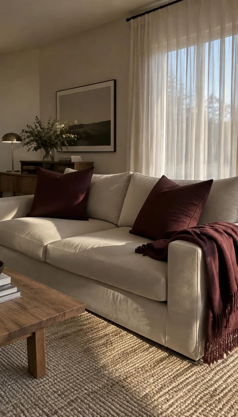 A candid, realistic iPhone photograph of a sofa in a living room, featuring a fig wool throw and two dark oxblood linen cushions, neutral rug, late afternoon winter light through sheer curtains.