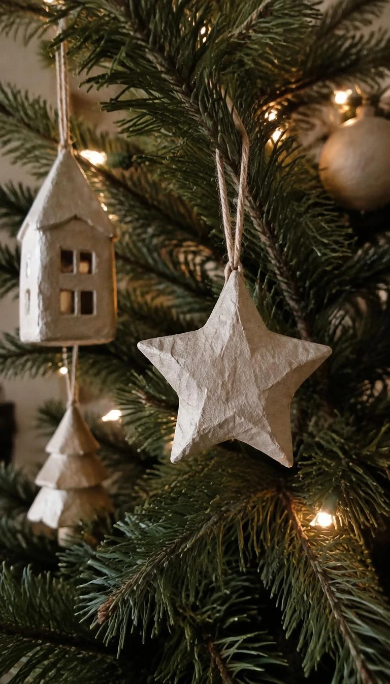 A candid, realistic iPhone photograph of a Christmas tree branch, showing handmade unbleached paper mache ornaments hanging from raw jute twine, soft natural pine needles, warm ambient room light.