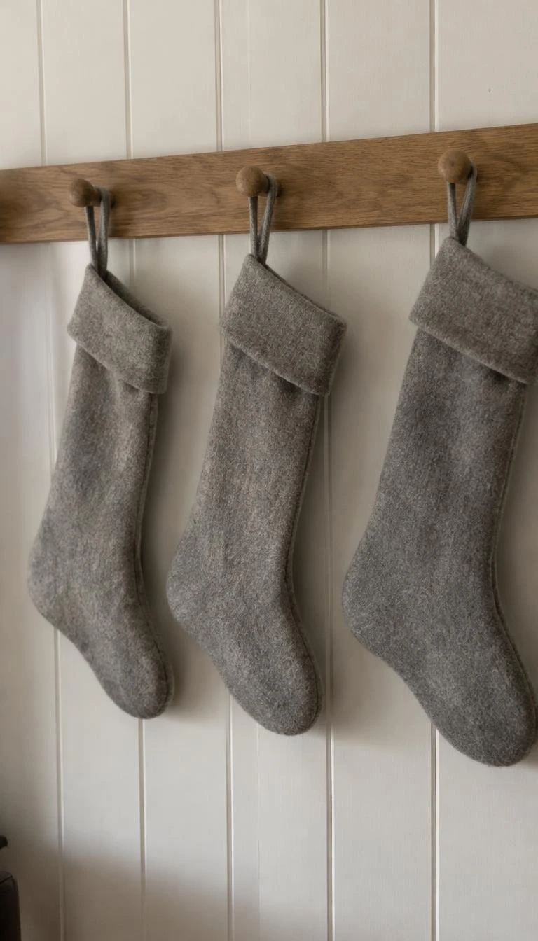 A candid, realistic iPhone photograph of a wooden shaker peg rail, showing three heather grey boiled wool stockings hanging from wooden pegs, white tongue and groove wall, soft ambient light.