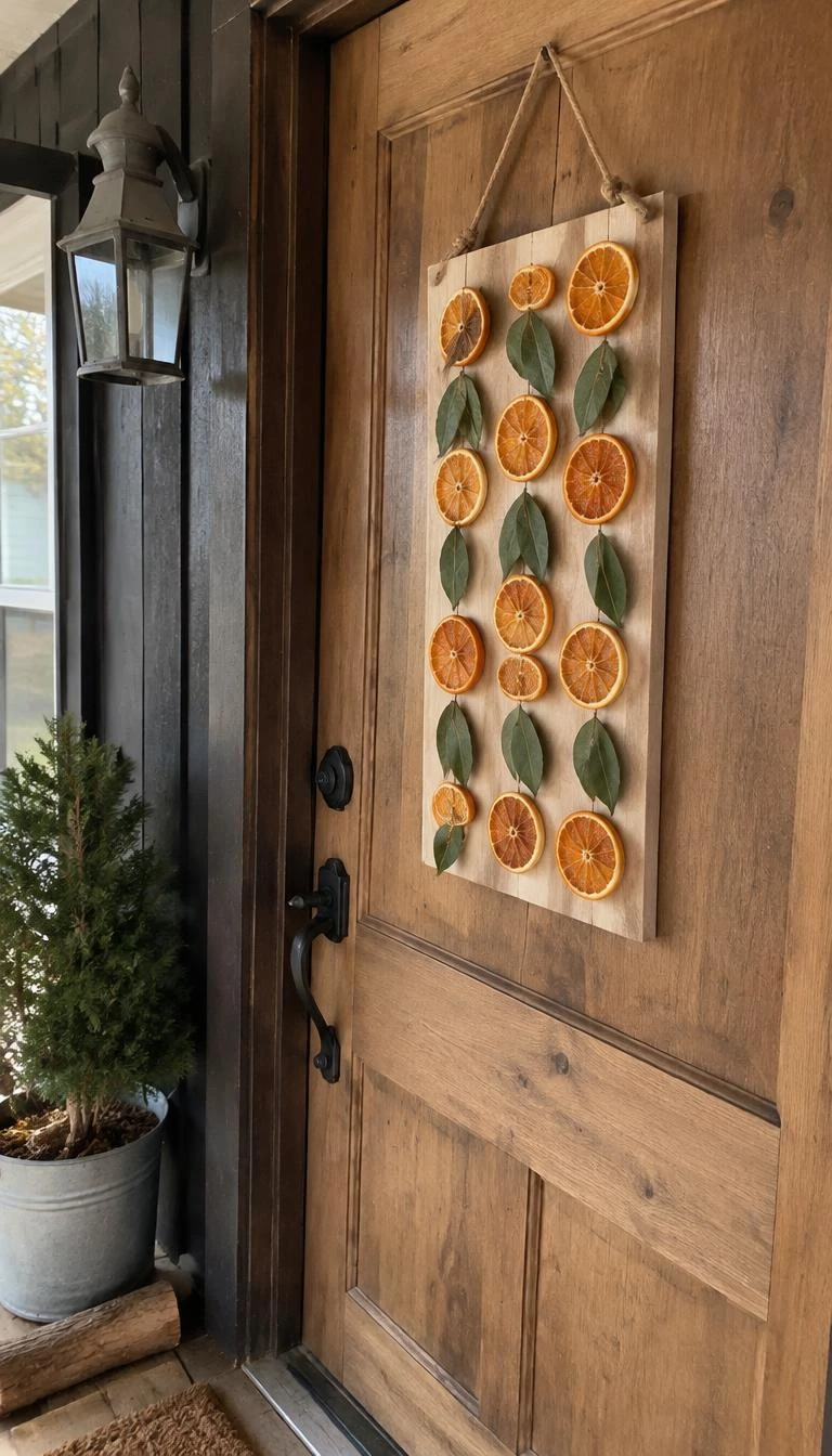 Mount Dried Orange Slices on a Flat Birch Sconce A candid, realistic iPhone photograph of a rustic timber porch, showcasing a flat rectangular birch wood panel adorned with neat rows of dehydrated orange slices and bay leaves hanging on a natural wood door, crisp early morning light