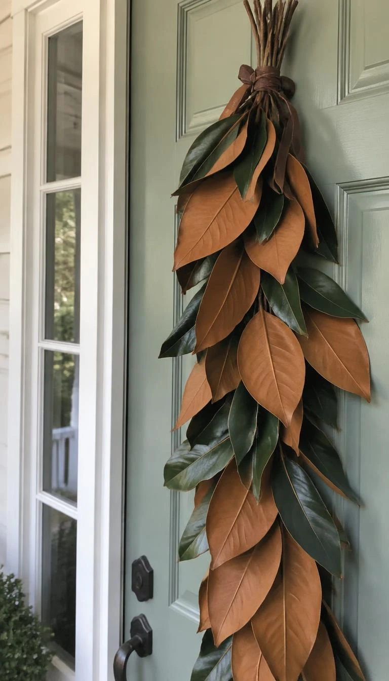 Fasten Magnolia Leaves Backwards for a Matte Suede Texture A candid, realistic iPhone photograph of a southern porch, showing an overlapping vertical drop of magnolia leaves turned backward to reveal their warm brown fuzzy undersides, tied with dark brown leather on a sage green door, diffuse morning light
