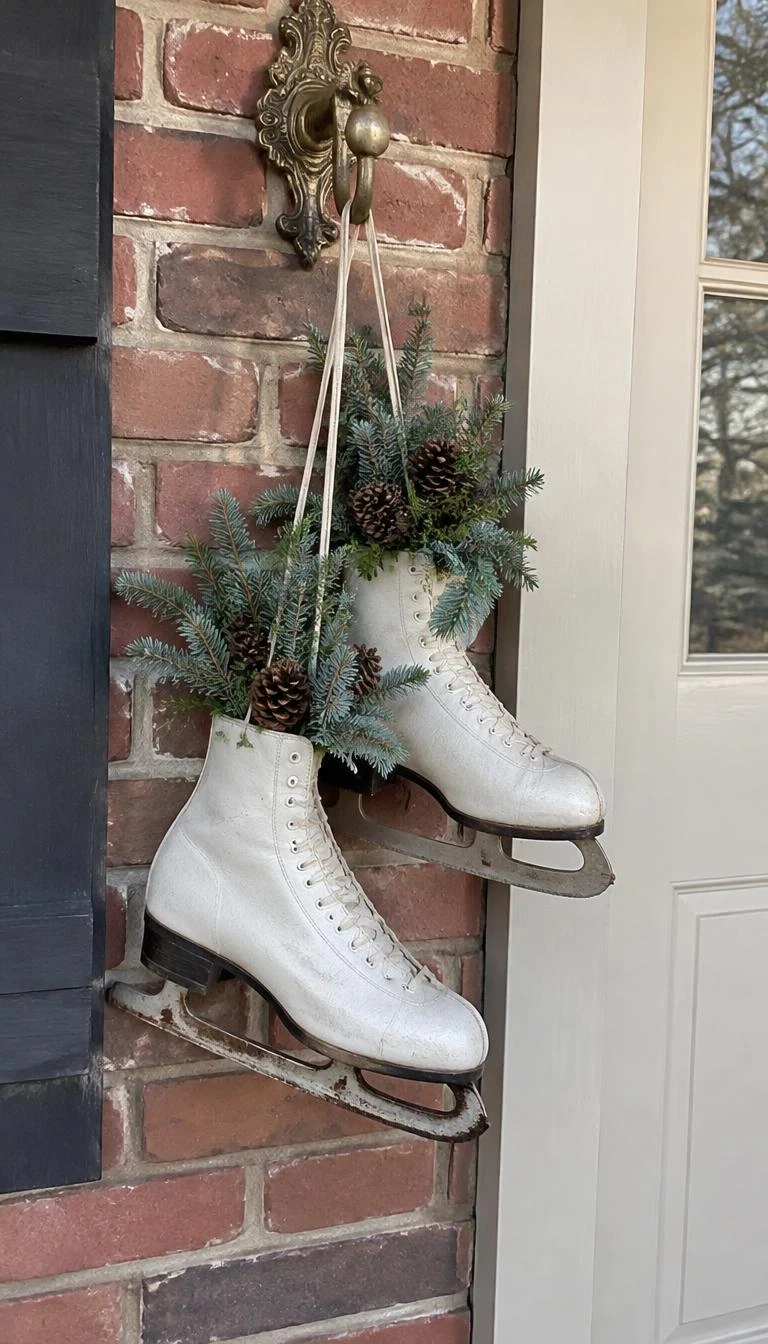 Suspend Vintage Ice Skates Stuffed with Spruce A candid, realistic iPhone photograph of a brick cottage entry, showing a pair of weathered white leather ice skates filled with blue spruce clippings and small pinecones hanging by their laces from an antique brass hook, soft daylight, red brick background