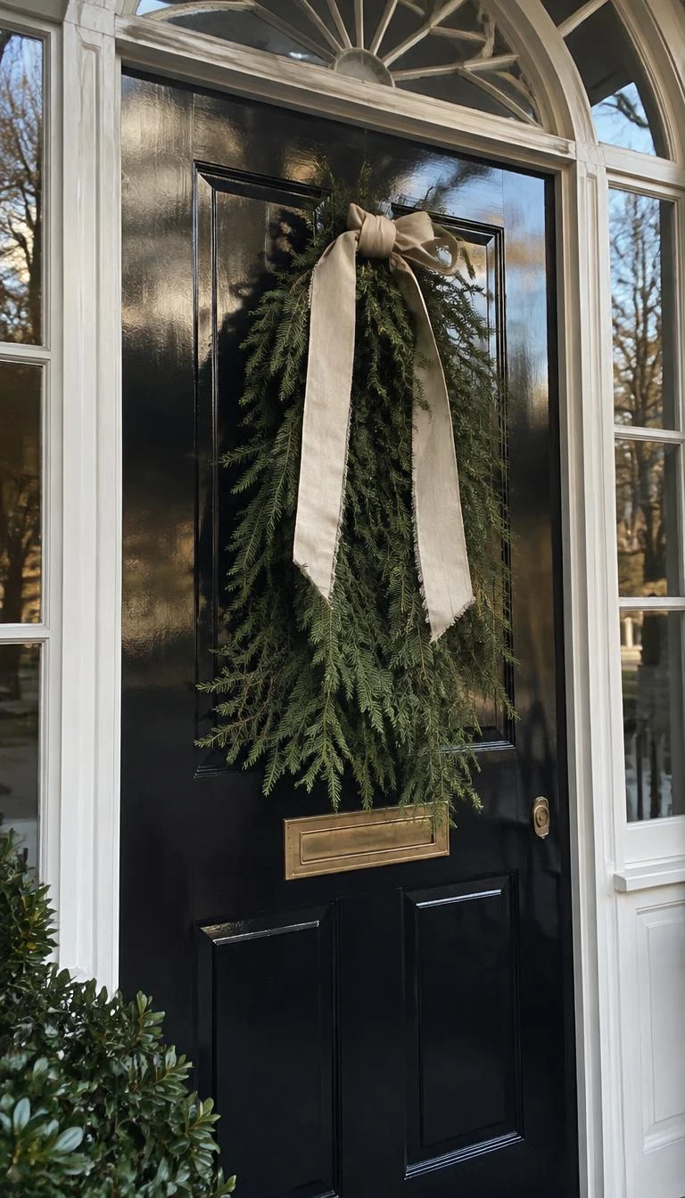 Tie Heavy Cotton Rag Ribbon Around Norfolk Pine A candid, realistic iPhone photograph of a historic home entrance, showing delicate Norfolk pine branches tied into a loose drop swag with wide frayed cream cotton ribbon against a glossy black door, soft winter morning glow