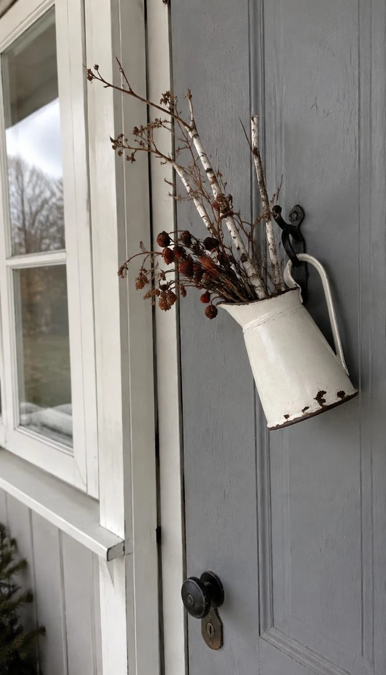 Suspend an Enamel Winter Pitcher Holding Bare Birch Twigs A candid, realistic iPhone photograph of a cottage porch, showing a small chipped white enamel water jug hanging by its handle on a black nail on a grey wooden door, filled with bare white birch twigs and dried rosehips, overcast light