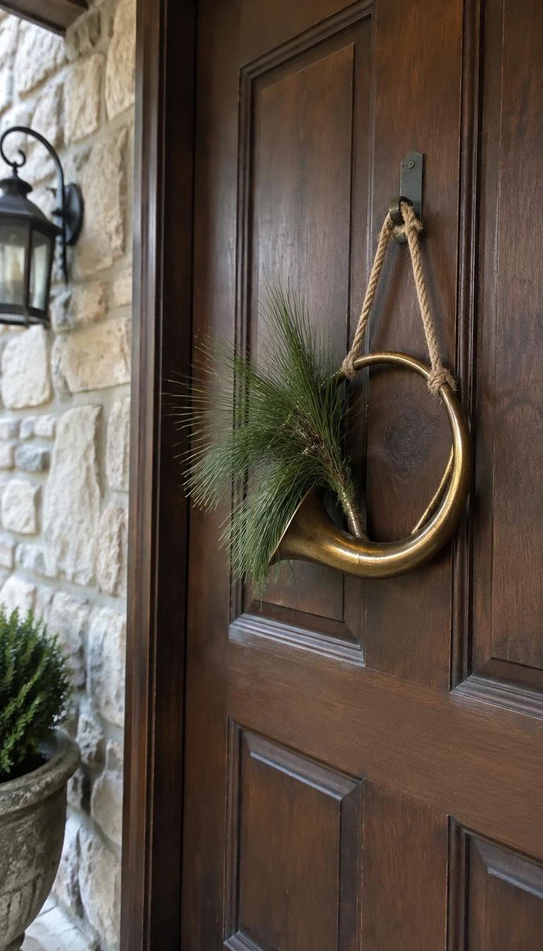 Hang an Antique Brass Horn with Whispering Pine A candid, realistic iPhone photograph of a traditional stone home entrance, showing a tarnished brass hunting horn tied with raw brown cord and stuffed with long pine needles on a dark walnut door, soft natural exterior daylight
