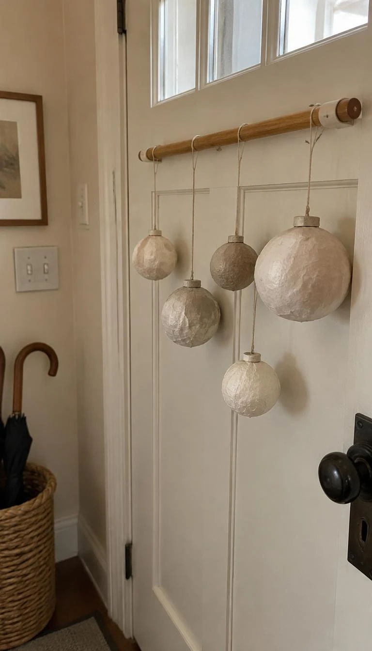 Clustered Paper Mache Ornaments on a Wooden Dowel A candid, realistic iPhone photograph of an enclosed vestibule entrance, showing five handcrafted raw paper mache baubles in neutral cream and taupe hanging at staggered heights from a narrow oak dowel on a warm white door, soft ambient light