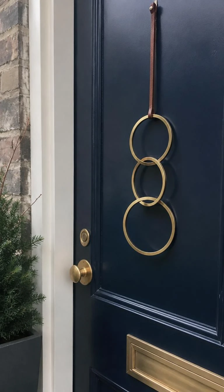 Thread Muted Brass Rings Along a Slender Leather Cord A candid, realistic iPhone photograph of an urban entryway, showing three interlocking raw brass hoops hanging from a slim brown leather cord on a navy blue front door, gentle winter light, sharp metallic gleam