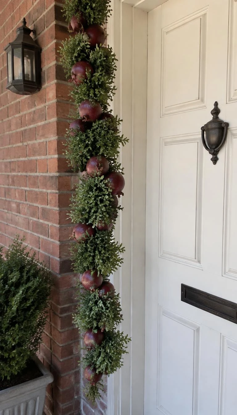 Build a Vertical Garland of Dried Pomegranates and Boxwood A candid, realistic iPhone photograph of a brick colonial porch, showing a vertical drop of small dried burgundy pomegranates interspersed with dense boxwood rosettes against an off white paneled door, balanced natural overcast light