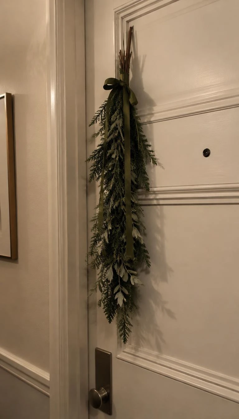 Bundle Cedar and Olive Branches with a Velvet Ribbon A candid, realistic iPhone photograph of an apartment hallway entry, showing a slender vertical bunch of cedar and silvery olive branches tied with moss green velvet ribbon against a white painted door, warm interior lighting, shadows on the paneling