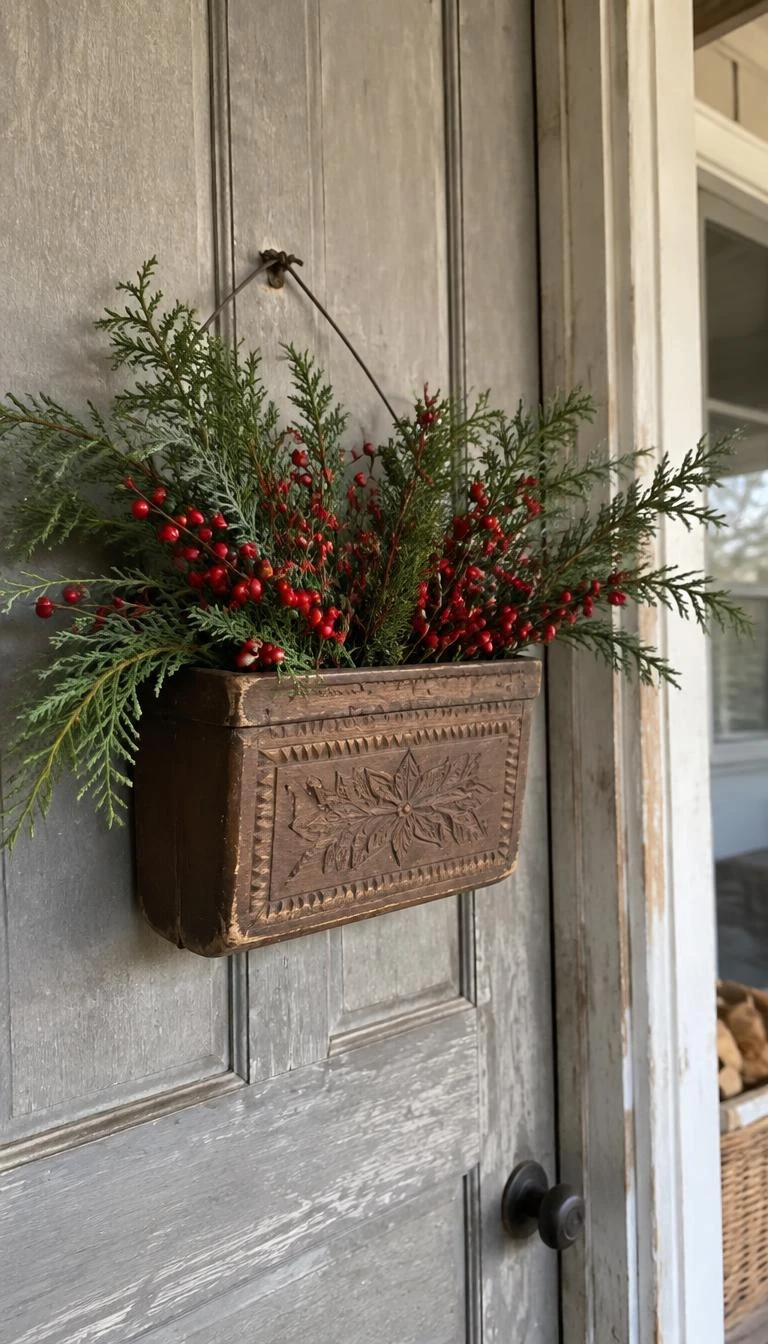 Repurpose a Wooden Butter Mold Filled with Berries A candid, realistic iPhone photograph of a farmhouse porch, depicting an antique rectangular carved wooden butter print box filled with fresh juniper greens and dark red winterberries hanging by wire on a weathered grey door, soft daylight
