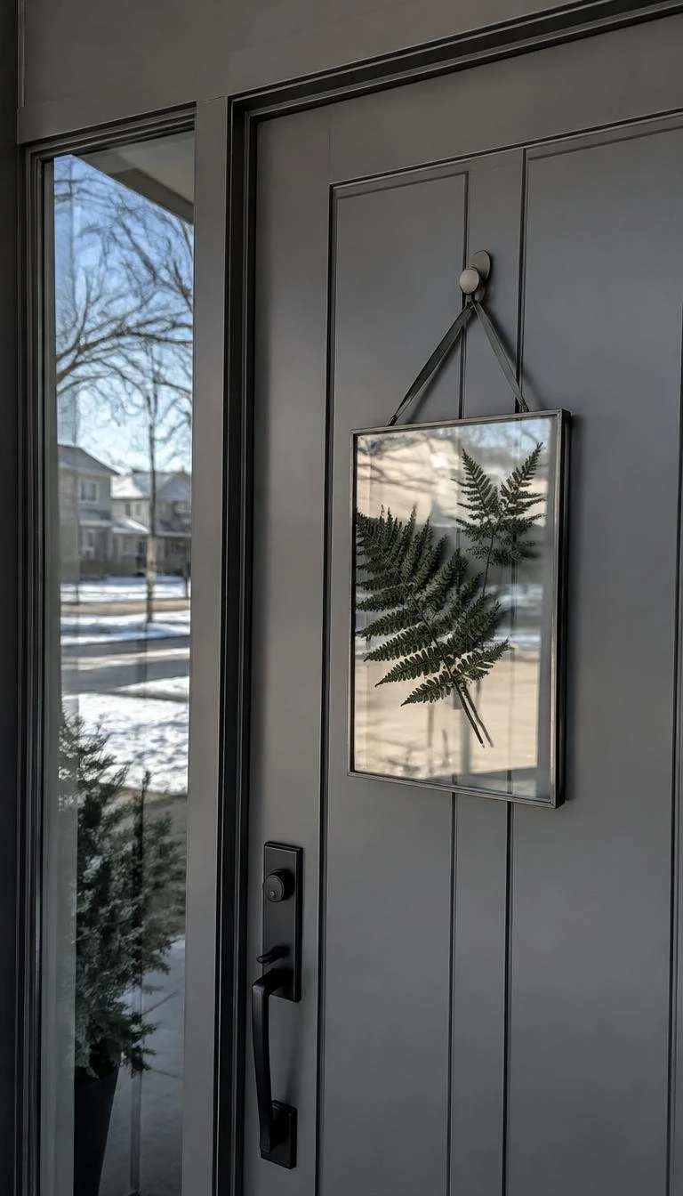 Frame Pressed Winter Ferns in a Thin Zinc Glass Panel A candid, realistic iPhone photograph of a modern townhome entryway, displaying a double glass floating frame with dark green pressed ferns suspended from a narrow grey grosgrain ribbon on a sleek grey front door, sharp winter morning reflections