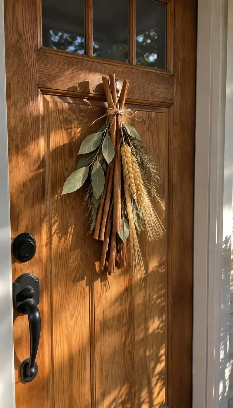 Weave Cinnamon Sticks and Bay Leaves into an Asymmetrical Swag A candid, realistic iPhone photograph of a suburban entryway, capturing an asymmetrical cluster of long cinnamon bark sticks, dried laurel leaves, and wheat stalks tied with unbleached cotton string on a warm oak door, dappled winter sun