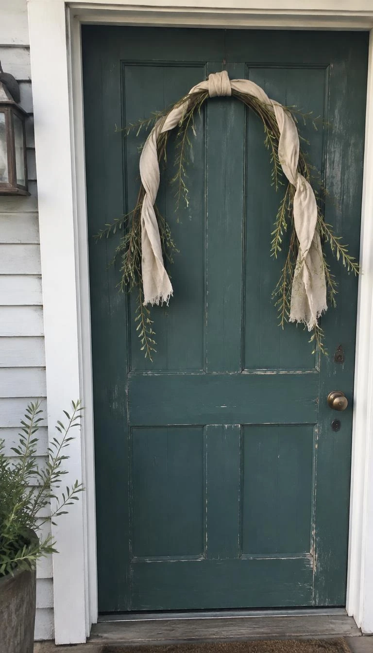 Drape Frayed Linen over a Willow Branch Horseshoe A candid, realistic iPhone photograph of a rural front entry, showing a slender willow branch bent into an inverted horseshoe arch, wrapped loosely with unbleached natural linen fabric, hanging on a weathered teal front door, soft daylight
