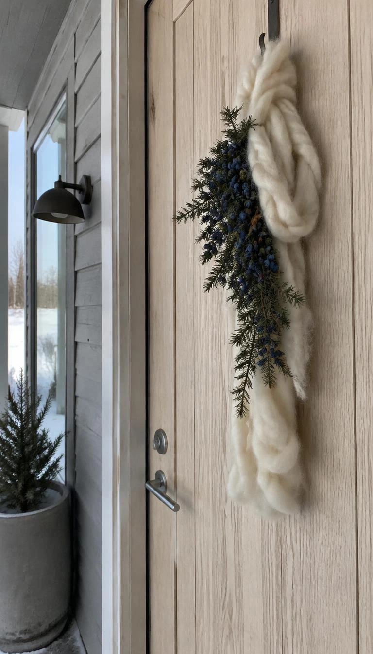 Knot Raw Wool Roving with Fresh Juniper Sprigs A candid, realistic iPhone photograph of a Scandinavian style porch, showing thick cream unspun wool roving knotted loosely with sprigs of blue juniper berries hanging against a pale birch wood door, clean frosty winter lighting