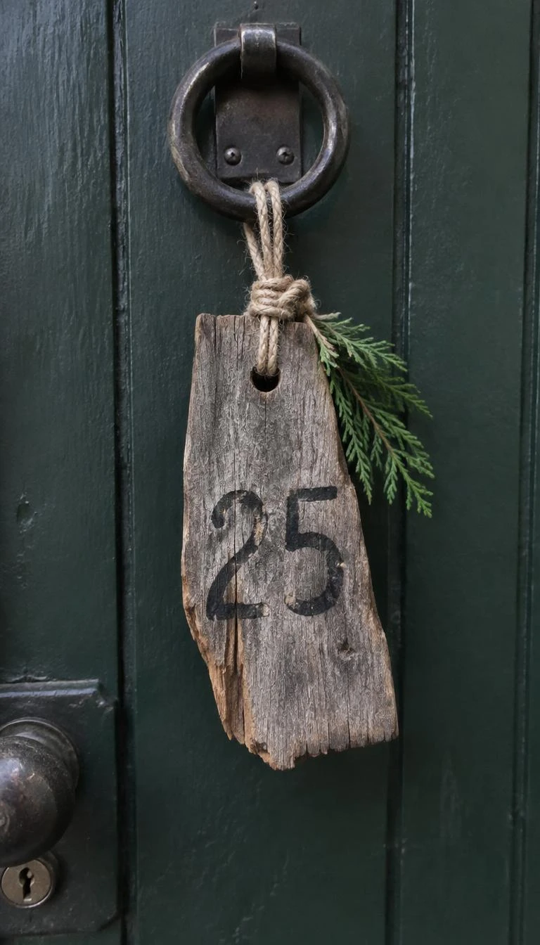 Hang a Weathered Slat Shingle Painted with a Charcoal Numeral A candid, realistic iPhone photograph of an old farmhouse door, showing a weathered cedar roof shingle with a hand painted charcoal number 25, tied with frayed hemp rope and a tiny sprig of cedar against a dark green wooden door, soft overcast light