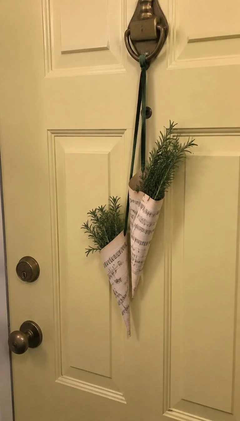 Arrange Sheet Music Cones with Rosemary Sprigs A candid, realistic iPhone photograph of an apartment entry door, showing two small rolled vintage sheet music cones tucked with fresh rosemary stems hanging from a slim velvet cord on a painted pale yellow door, soft indoor hallway lighting