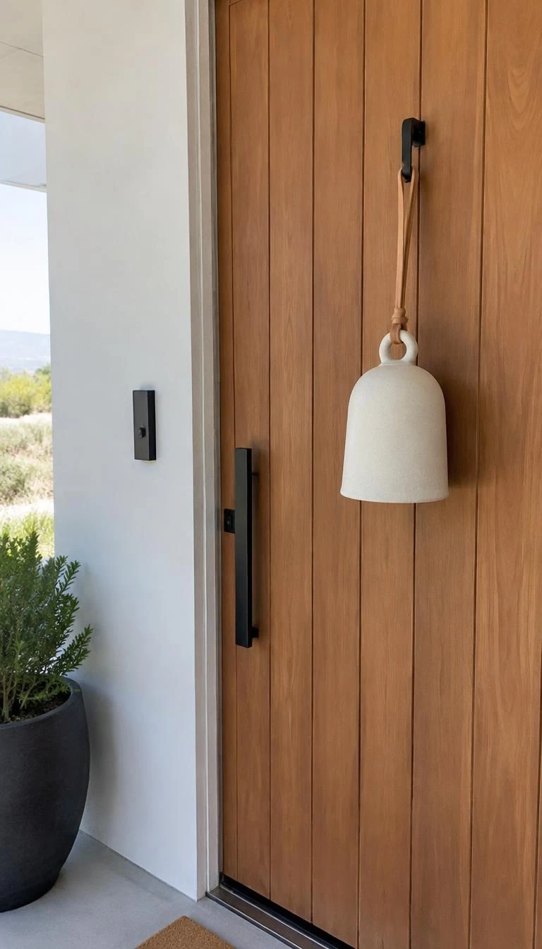 Suspend a Single Oversized Matte White Ceramic Bell A candid, realistic iPhone photograph of a minimalist entryway, showing one large matte white earthenware bell hanging from a thick tan leather strap on a natural cedar door, bright indirect outdoor light, clean modern porch lines