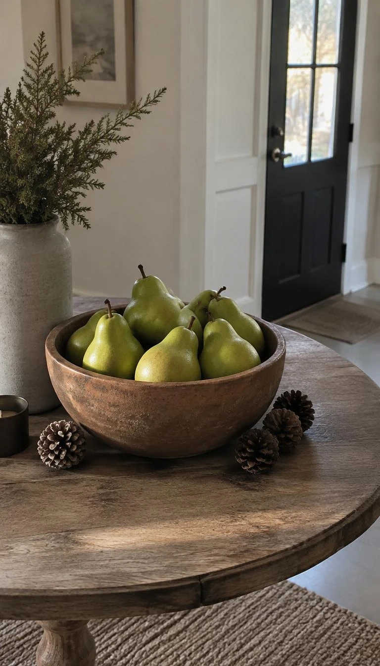 Fill Ceramic Bowls with Green Winter Pears A candid, realistic iPhone photograph of a round entryway table, rough terracotta bowl mounded with firm green Anjou pears, small pine cones scattered around base, soft morning light