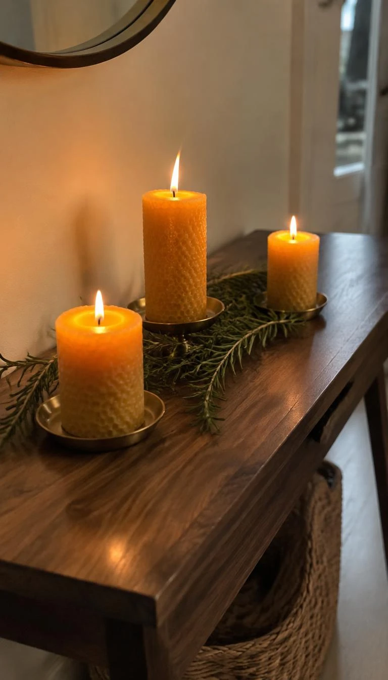 Style a Low Console with Poured Beeswax Pillars A candid, realistic iPhone photograph of a narrow walnut entryway console table, three textured beeswax pillar candles glowing in brass saucers, sprigs of real rosemary scattered on wood surface