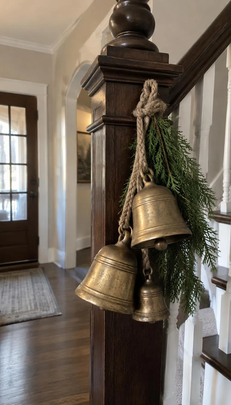 Hang Antiqued Iron Bells from the Newel Post A candid, realistic iPhone photograph of a dark oak staircase newel post, three rustic brass bells hanging from thick frayed rope, natural entryway daylight, soft pine sprigs tucked behind
