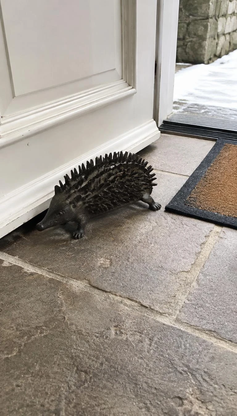 Place a Heavy Cast Iron Boot Scraper by the Threshold A candid, realistic iPhone photograph of a front entryway threshold just inside the door, vintage black cast iron boot scraper shaped like a hedgehog, stone tile floor, clean winter light