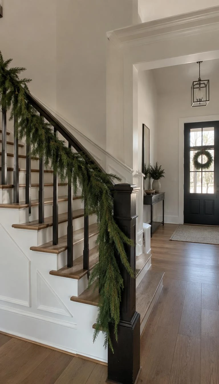 Drape Asymmetrical Cedar Garland Along the Staircase A candid, realistic iPhone photograph of a front entryway staircase, lush green cedar garland casually swooping along dark wood banisters, natural morning window light, warm oak floor, matte black front door visible in background