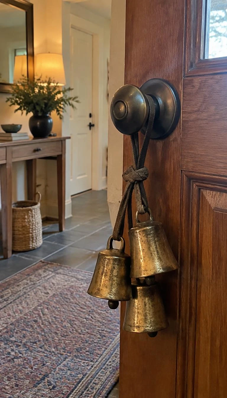 Hang a Cluster of Heavy Brass Cowbells on the Front Knob A candid, realistic iPhone photograph of the interior side of a front door, three small weathered brass cowbells tied to the interior door knob with thick leather cord, warm cozy foyer