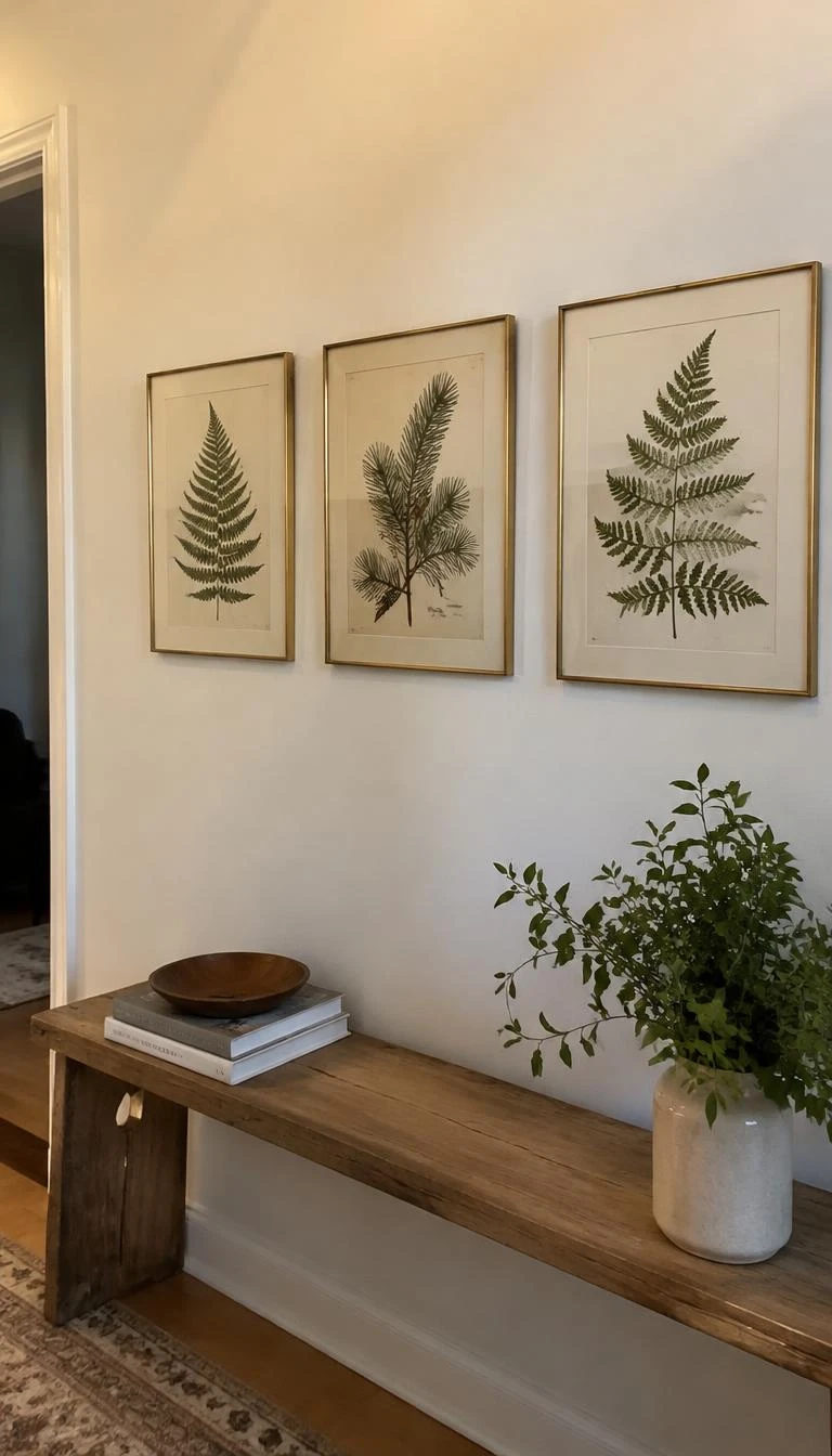 Line Up Pressed Botanical Frames Down the Hall A candid, realistic iPhone photograph of an entryway wall, three thin brass frames holding pressed green fern fronds and winter pine needles, clean plaster wall, warm indirect light