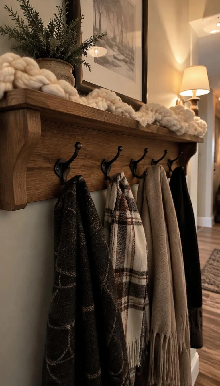 Drape a Knitted Wool Garland Across a Coat Rack A candid, realistic iPhone photograph of a wall mounted oak coat rack, chunky cream knit wool garland resting along the top ledge, warm entryway lighting, winter scarves underneath