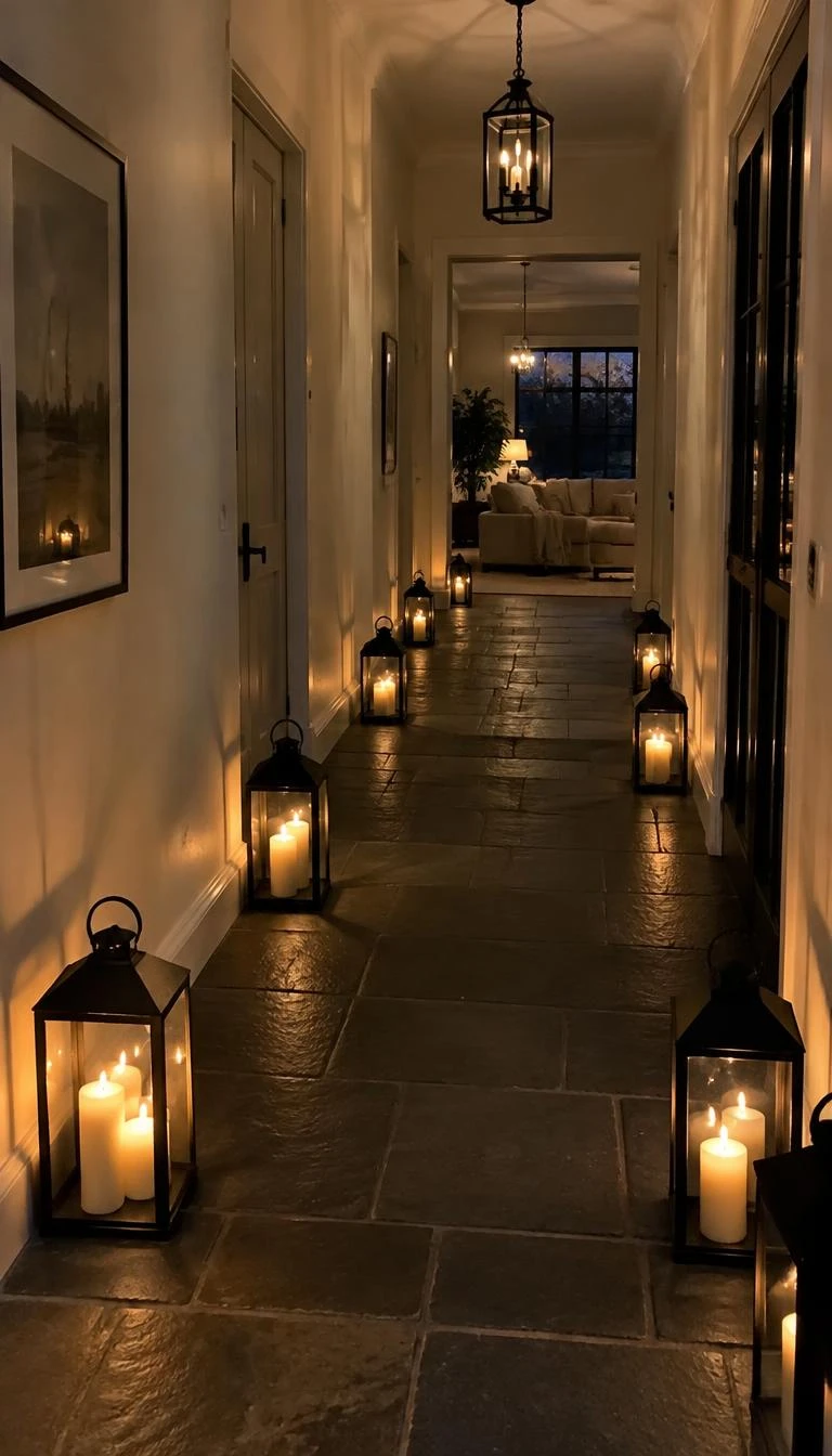 Line the Hallway Baseboards with Iron Lanterns A candid, realistic iPhone photograph of a long entry hallway, black matte iron lanterns placed neatly along baseboard trim, real pillar candles softly illuminating slate floor, cozy evening light