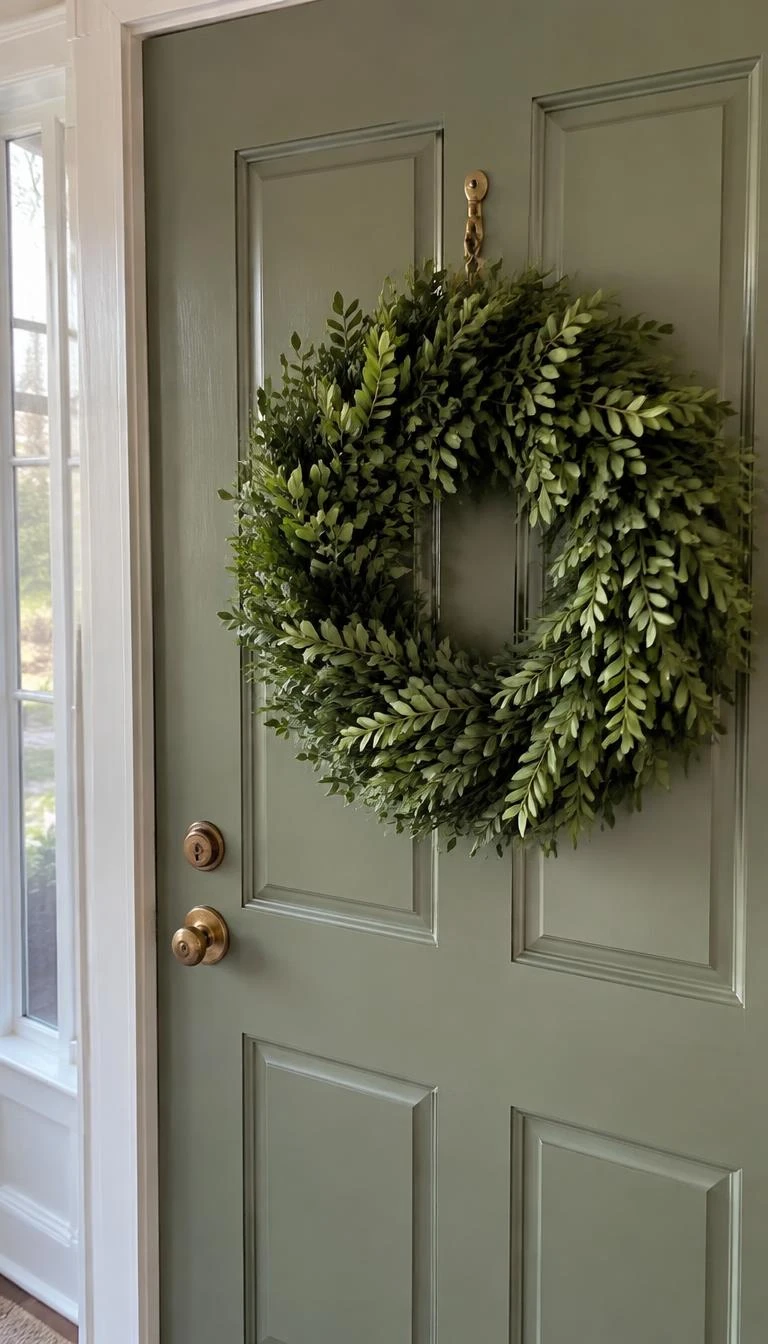 Hang an Oversized Boxwood Wreath on the Inside Door Frame A candid, realistic iPhone photograph of the interior side of a sage green front entryway door, a massive preserved boxwood wreath suspended from an antique brass nail, soft daylight reflecting on painted trim