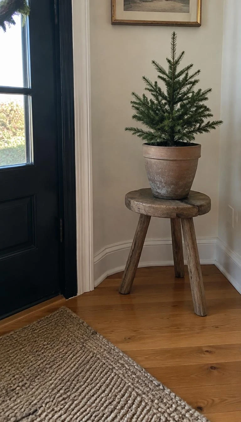 Rest a Miniature Potted Spruce on a Wooden Stool A candid, realistic iPhone photograph of a front entryway corner, rustic three legged wood milking stool holding a small potted spruce in an unglazed clay pot, warm floorboards