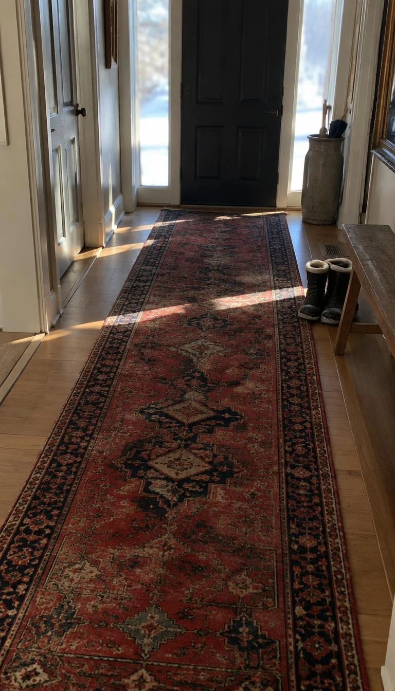 Swap Floor Mats for a Vintage Wool Persian Runner A candid, realistic iPhone photograph of a long center hallway floor, weathered crimson and navy vintage wool runner rug, natural sunlight pouring through doorway sidelights, snowy boots resting quietly nearby