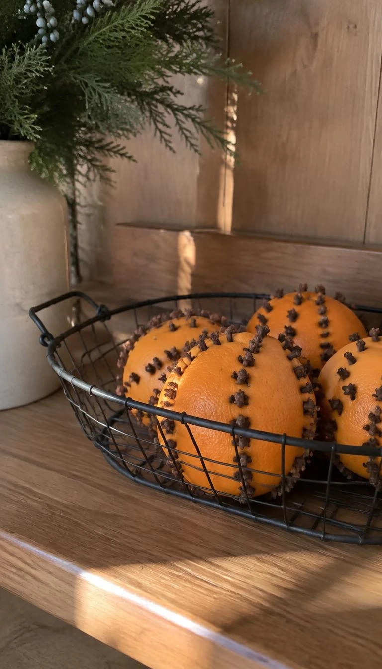 Tuck Orange Pomanders into an Iron Wire Basket A candid, realistic iPhone photograph of a wooden entryway shelf, shallow black wire basket filled with dried whole clove studded oranges, soft winter sunlight, natural wood backdrop