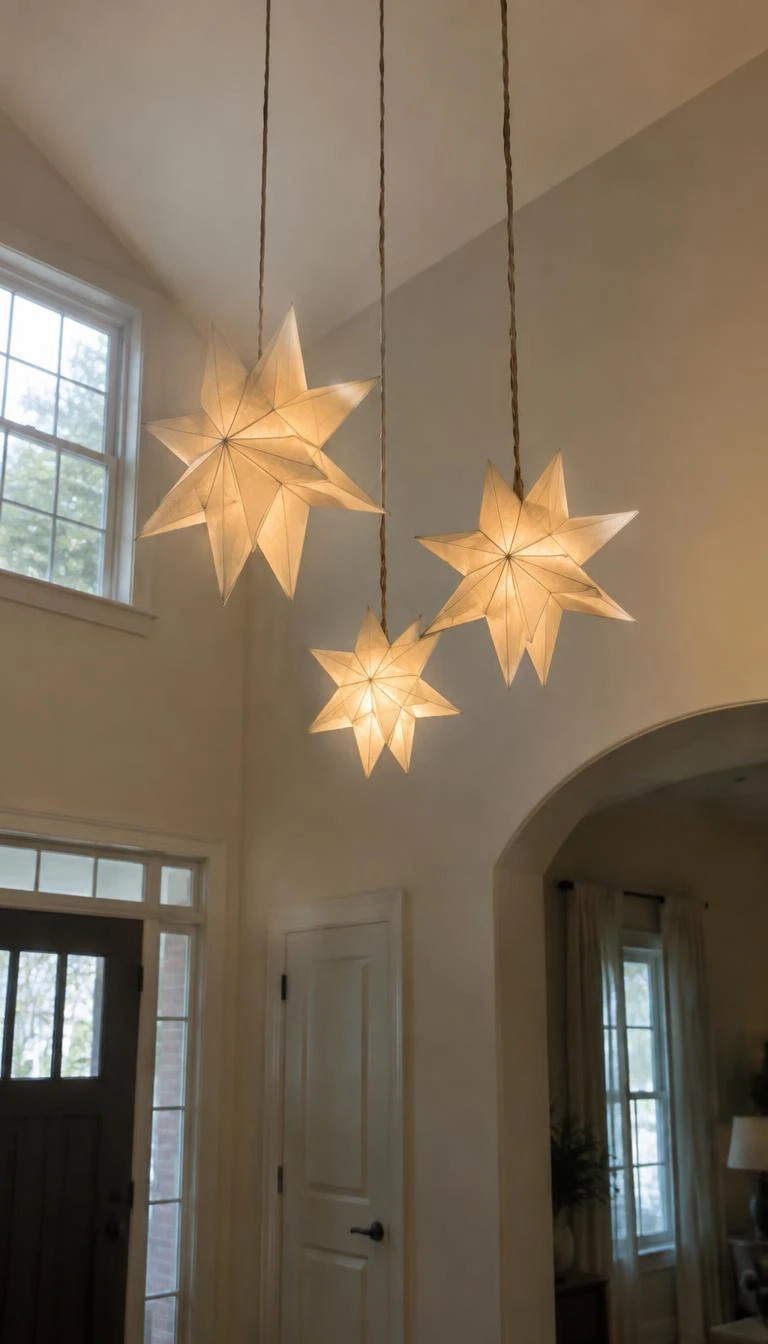 Suspend Paper Star Lanterns at Staggered Heights A candid, realistic iPhone photograph of a high ceiling entryway hall, three cream folded paper star lanterns hanging on twisted cloth cords, soft warm glowing light from within