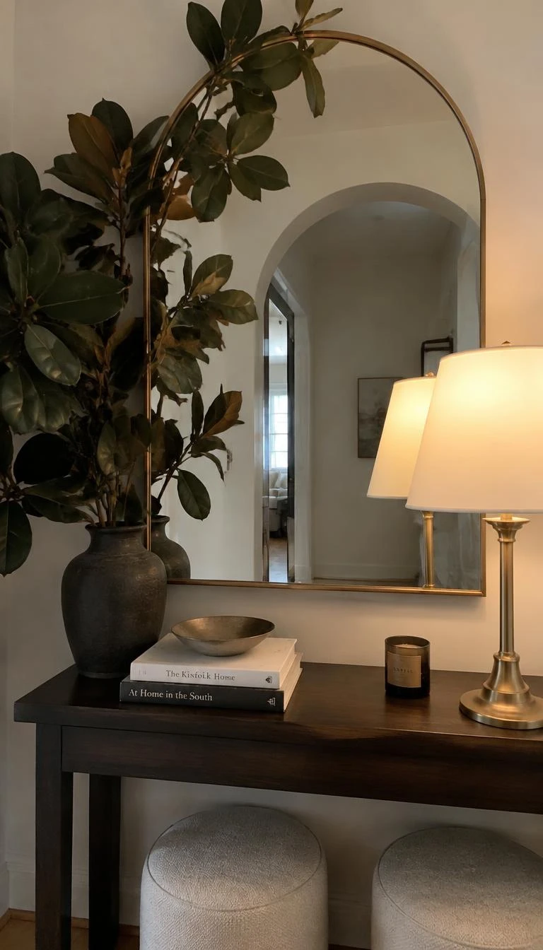 Frame the Entry Mirror in Foraged Magnolia Leaves A candid, realistic iPhone photograph of an arched entryway mirror above a console, glossy dark magnolia leaves framing the left curve, warm brass lamp reflecting in mirror surface