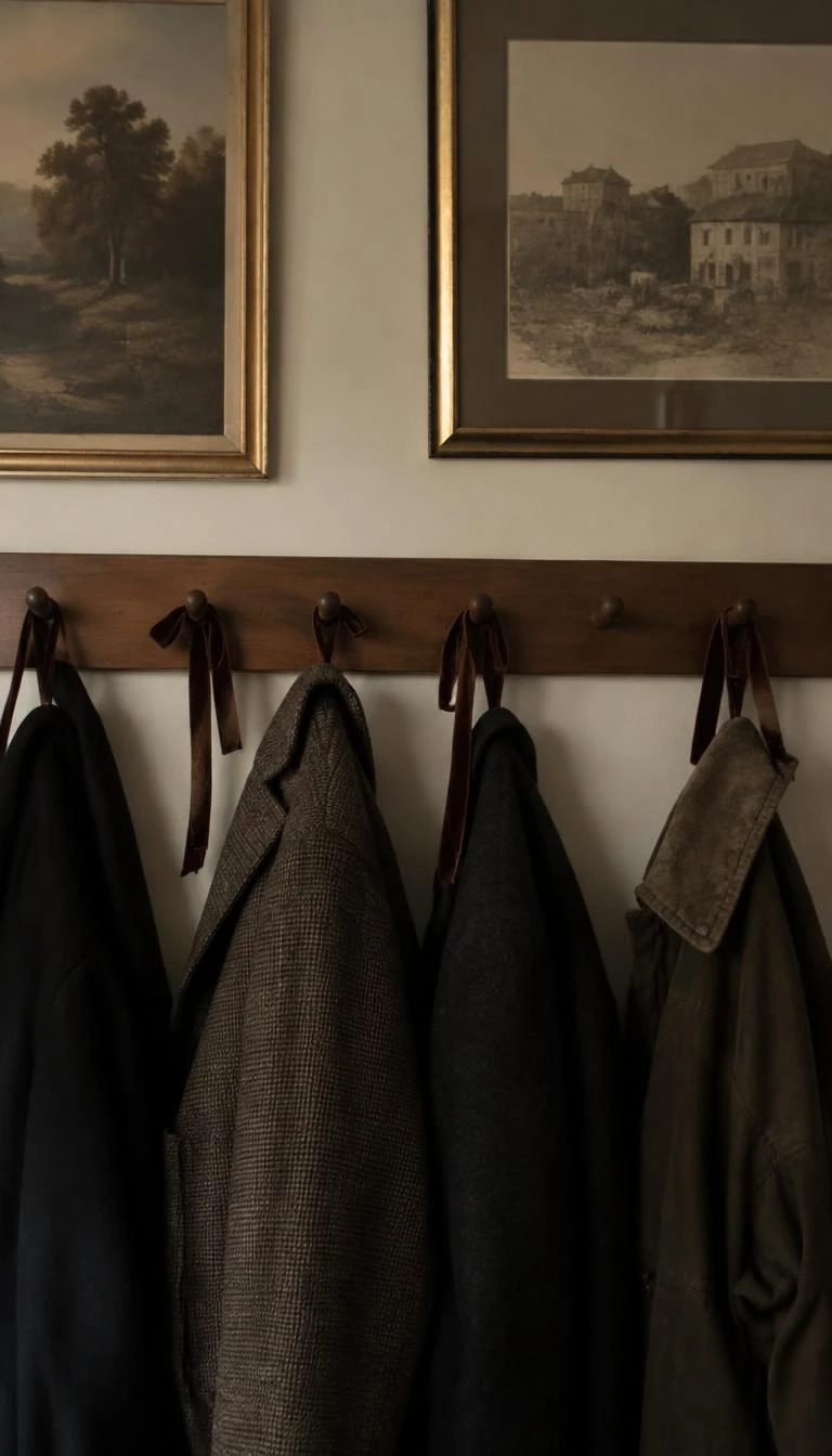 Fasten Velvet Ribbon to Wooden Peg Rails A candid, realistic iPhone photograph of a shaker style wooden peg rail on an entryway wall, narrow cocoa brown velvet ribbons tied to pegs, heavy winter coats hanging neatly below