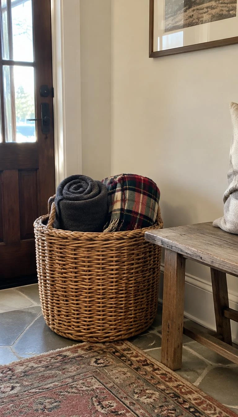 Layer Heavy Wool Blankets into a Woven Floor Basket A candid, realistic iPhone photograph of a front entryway corner beside a wooden bench, large round rattan basket holding rolled charcoal and tartan wool blankets, bright winter light