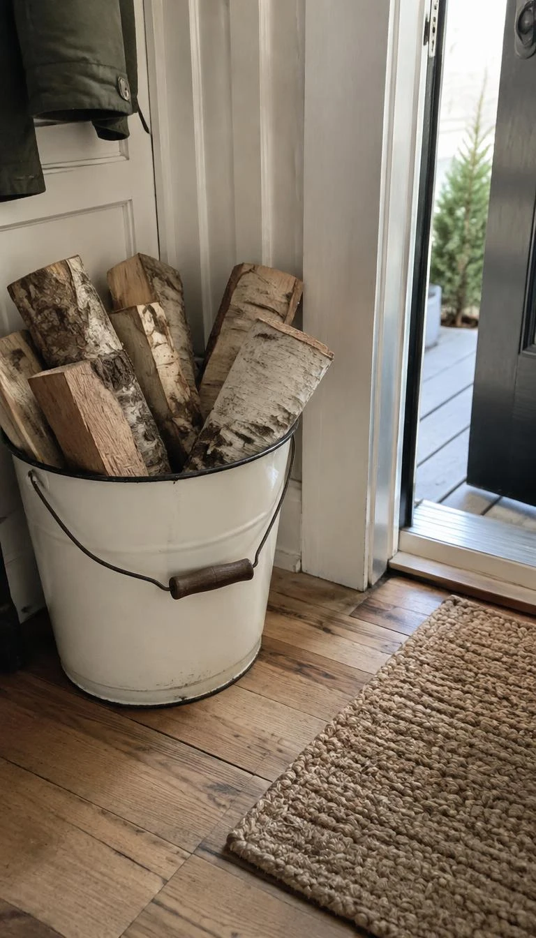 Place an Enamel Bucket of Firewood by the Door A candid, realistic iPhone photograph of an entryway threshold, heavy white vintage enamel pail stacked with split birch logs, textured wood floorboards, natural morning daylight