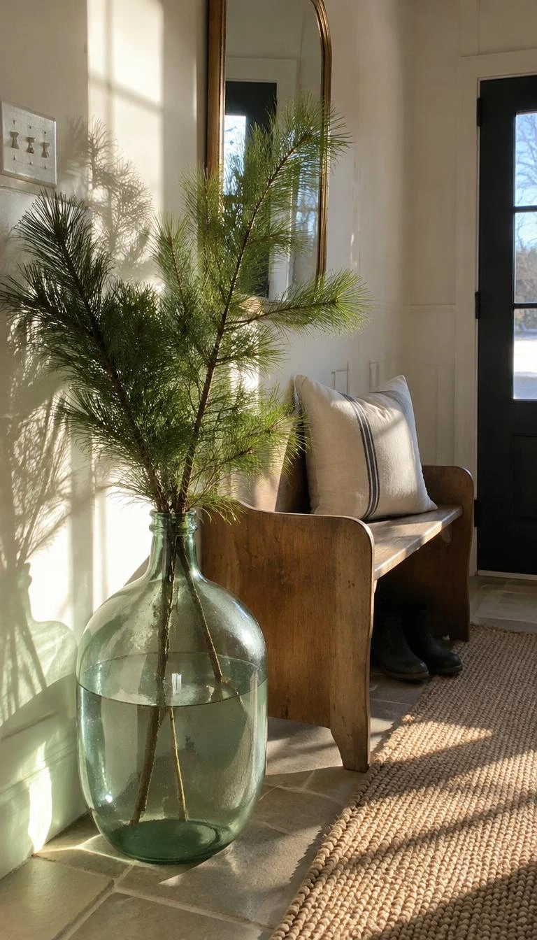 Display Cut Evergreen Boughs in a Clear Glass Demijohn A candid, realistic iPhone photograph of a sunny entryway bench, large recycled green glass demijohn holding tall fresh pine branches, water clear inside, morning winter light