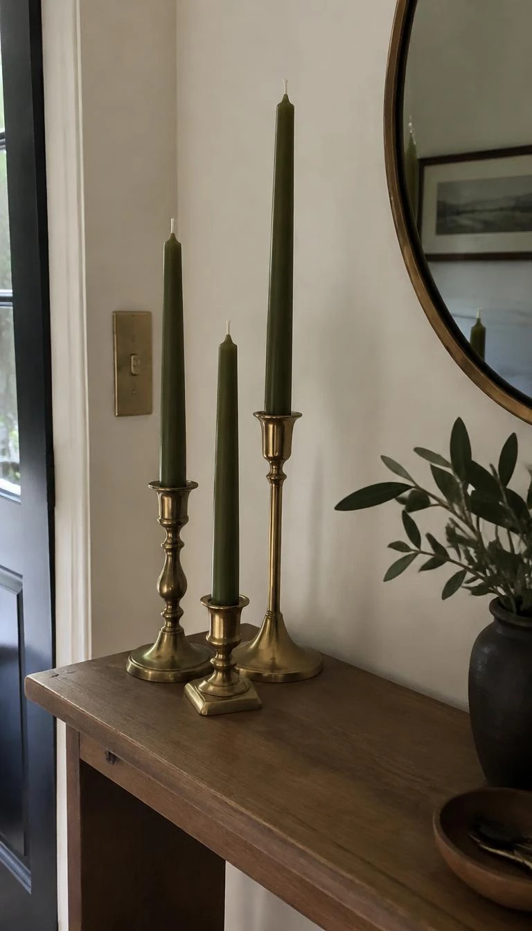 Display Taper Candles in Weighted Brass Spun Candlesticks A candid, realistic iPhone photograph of an entryway shelf, three mismatched solid brass candlesticks with tall bayberry green taper candles, soft natural window light, muted wall background