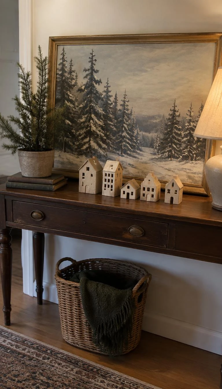 Rest Framed Winter Art Directly Against The Baseboard A candid, realistic iPhone photograph of an entryway table, showing a vintage dark wood console table with an oil painting of a snow-covered pine forest leaning casually against the wall behind a row of matte beige ceramic houses.