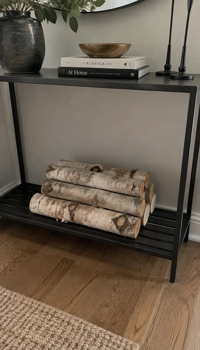 Stack Small Birch Logs On An Open Lower Shelf A candid, realistic iPhone photograph of an entryway table, featuring six neatly cut white birch logs with curling papery bark stacked horizontally on the slatted bottom shelf of a black metal console table.